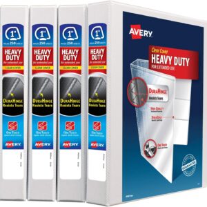 Avery Heavy Duty View 3 Ring Binder, 1" One Touch Slant Ring, Holds 8.5" x 11" Paper, 4 White Binders (79799),79780